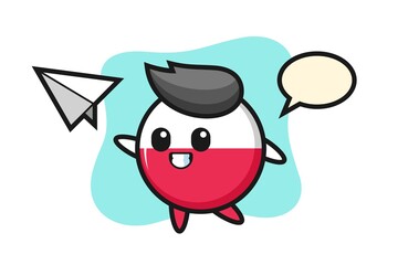 Poland flag badge cartoon character throwing paper airplane
