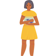 girl holding an aquarium with a fish. Betta splendens, or Siamese cockerel. Siamese fighting fish. happy pet owners. pet Shop. vector flat. isolated on white background