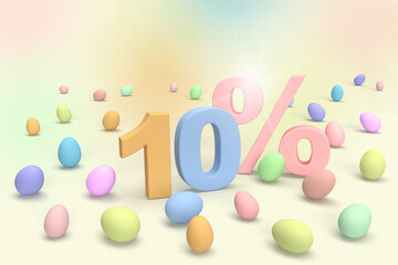 happy Easter sale colorful eggs number 10 percentages on pastel abstract background.