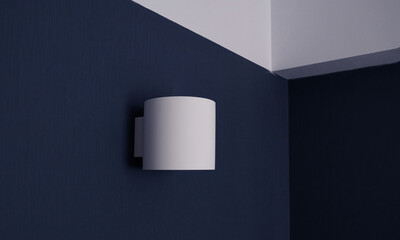 Modern metal white wall lamp. Wall lamp up/downlighter shine. White lamp on a blue wall. Wall...