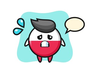 Poland flag badge mascot character with afraid gesture