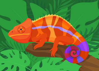 Chameleon sitting on a branch on a background of tropical leaves. Lizard that changes color. Vector illustration