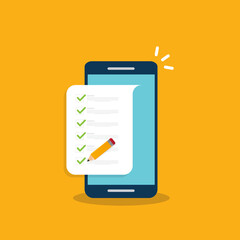 Check list document on smartphone, smartphone with paper check list and to do list with checkboxes, concept of survey, online quiz, completed things or done test, feedback. - obrazy, fototapety, plakaty