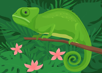 Chameleon sitting on a branch on a background of tropical leaves. Lizard that changes color. Vector illustration
