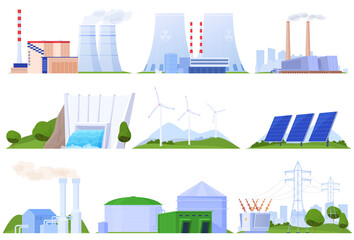 Set of power plants of different types. Nuclear energy, thermal power plant. Hydroelectric power station, geothermal energy, solar panels, wind electricity. Electricity supply. Vector illustration in