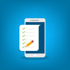 Check list document on smartphone, smartphone with paper check list and to do list with checkboxes, concept of survey, online quiz, completed things or done test, feedback.