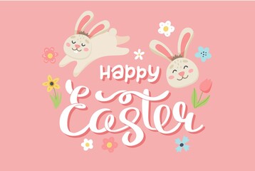 Obraz na płótnie Canvas Happy easter lettering with bunnies and flowers. Cute hand drawn vector illustration, card template