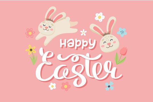 Happy easter lettering with bunnies and flowers. Cute hand drawn vector illustration, card template