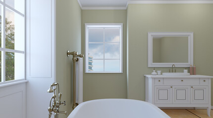 Modern bathroom with large window. Sunset.  Empty picture. 3D rendering.