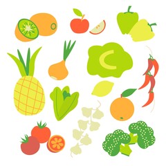 Vitamine C source Set of vegetables and fruits icons Flat vector illustration