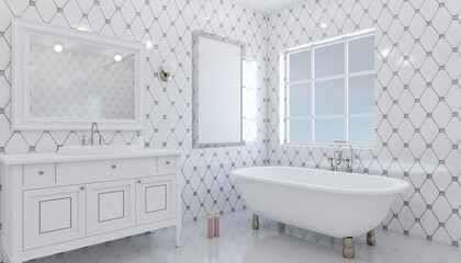 Fototapeta na wymiar Clean and fresh bathroom with natural light. 3D rendering.. Empty paintings