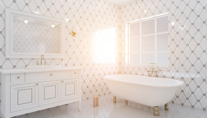 Fototapeta na wymiar Modern bathroom including bath and sink. 3D rendering.. Sunset.