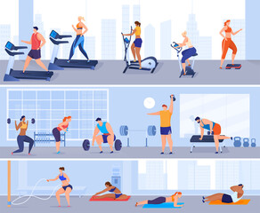 Men and women play sports in the gym. Gymnastics, exercise machines, weightlifting. Keeping the body in good physical shape. Colorful vector illustration in flat cartoon style.