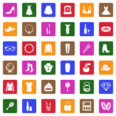 Woman Accessories Icons. White Flat Design In Square. Vector Illustration.