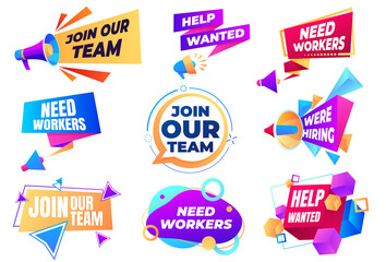Banner Join our team. Search for employees. Vacancy, agitation for work. Loudspeaker with text. Hiring an employee. Advertising offers, announcements on social networks