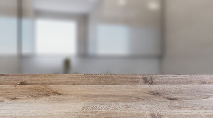 Background with empty wooden table. Flooring. Clean and fresh bathroom with natural light. 3D rendering.