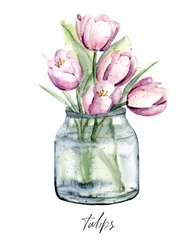 Keuken foto achterwand Aquarel natuur Tulpen bloem in glazen pot aquarel schilderij. Bloemenillustratie die op wit wordt geïsoleerd. Perfect voor stickers, poster, groetontwerp.