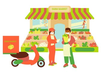 Store facade of farm market African american man give vegetables for delivery Seller and deliver wear gloves and mask Moped stand near the store Flat illustration