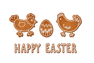 Fototapeta na wymiar Happy Easter. Realistic gingerbread cookies with white icing in the form of a chicken, a rooster and an egg. Isolated vector objects on a white background.