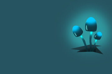 Three magical glowing mushrooms on a dark blue background with space for text