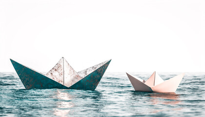 Fototapeta na wymiar origami boats of paper and metal on water.