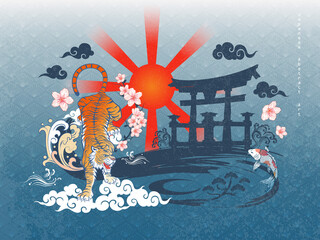 Japanese Scene Abstract Art Tiger Climbing Down on the Clouds with Water Splash Icon on Stroke Brush River with Torii Gate Silhouette Dark Blue with Carp Fish Jumping from Diamond Pattern Background