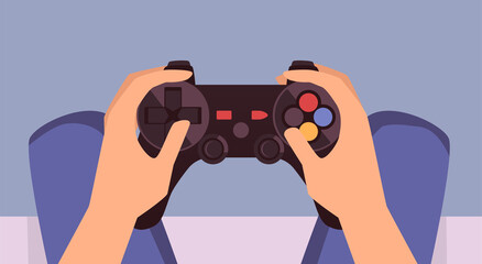 Man holding on knees hands with game controller, flat vector illustration. © sabelskaya