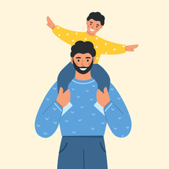 Happy dad holding his cute child on shoulders. Father and son spend time together. Father's day. Modern design for greeting card, poster, print. Flat vector illustration.