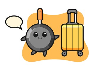 Frying pan cartoon illustration with luggage on vacation