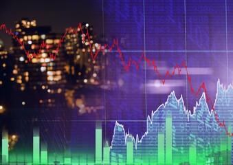 Red graphs over grid network and stock market data processing against cityscape