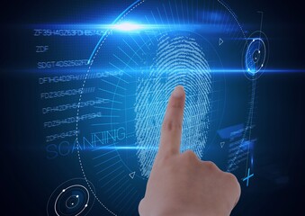Human finger scanning over biometric scanner against data processing on blue background