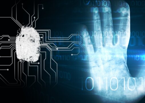 Human hand print over biometric scanner against data processing on blue background