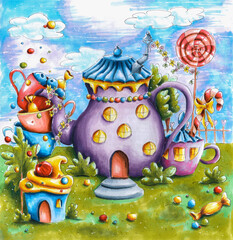 Hand painted fantasy teapot, cups, candies and sweets from wonderland.