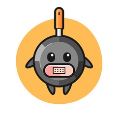 Cartoon illustration of frying pan with tape on mouth