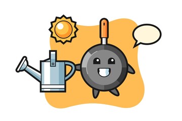 Cartoon character of frying pan holding watering can