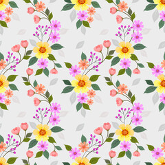 Seamless retro floral pattern, cute flowers, and leaves on a grey background.