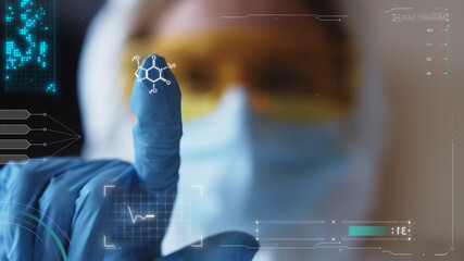 Young woman female doctor with glasses and protective mask tapping touchscreen. Futuristic nano technology. Medicine concept. Human health care. Infecting process. Medical innovation.