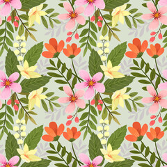 Seamless retro floral pattern, cute flowers, and leaves on a grey background.