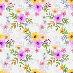 Seamless retro floral pattern, cute flowers, and leaves on a grey background.
