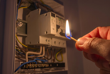 Person's hand in complete darkness holding a burning match to investigate a home fuse box during a...