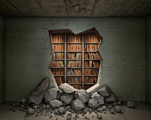 Concept of a hole in destroyed concrete wall and books behind it, 3d illustration