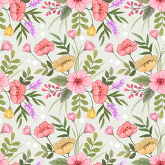 Seamless retro floral pattern, cute flowers, and leaves on a grey background.