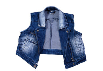 blue denim vest isolated on a white background, blue jeans vest isolated on a white background. Vest over white