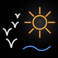 Sun, wave and seagulls neon sign, modern glowing banner design, colorful modern design trend on black background. Vector illustration.