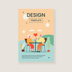 Happy senior couple date. Grey haired man and woman drinking wine, red heart flat vector illustration. Love, romance in any age, anniversary concept for banner, website design or landing web page