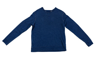 Navy blue sweatshirt isolated on white, denim pullover mock up. Sweatshirts blue in studio photo...