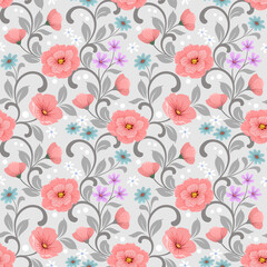 Seamless retro floral pattern, cute flowers, and leaves on a grey background.