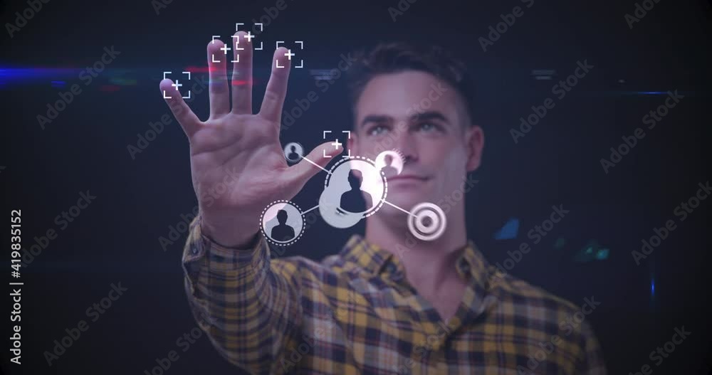 Poster animation of man touching interactive screen with network of connections with icons