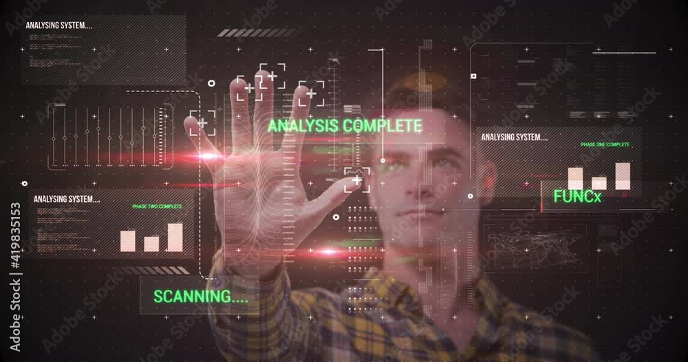 Poster animation of man touching interactive screen with data processing and scope scanning