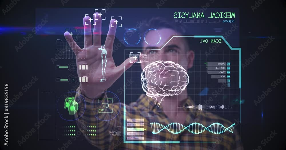 Poster animation of man touching interactive screen with medical data processing and scope scanning